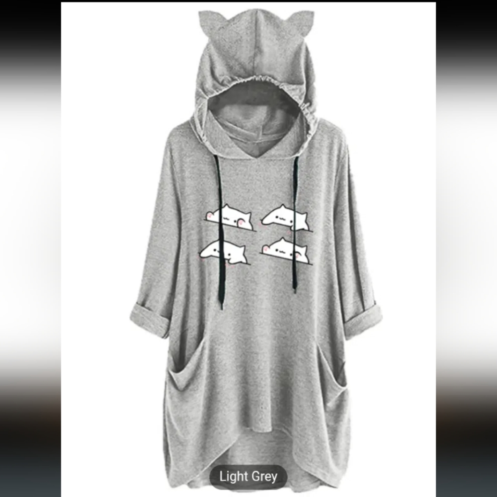 Women's hoodie shirt ear hat mid-length blouse mid-sleeve top oversize sweatshir